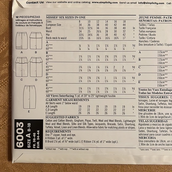 Simplicity New Look sewing skirt pattern 6003 - Picture 2 of 2